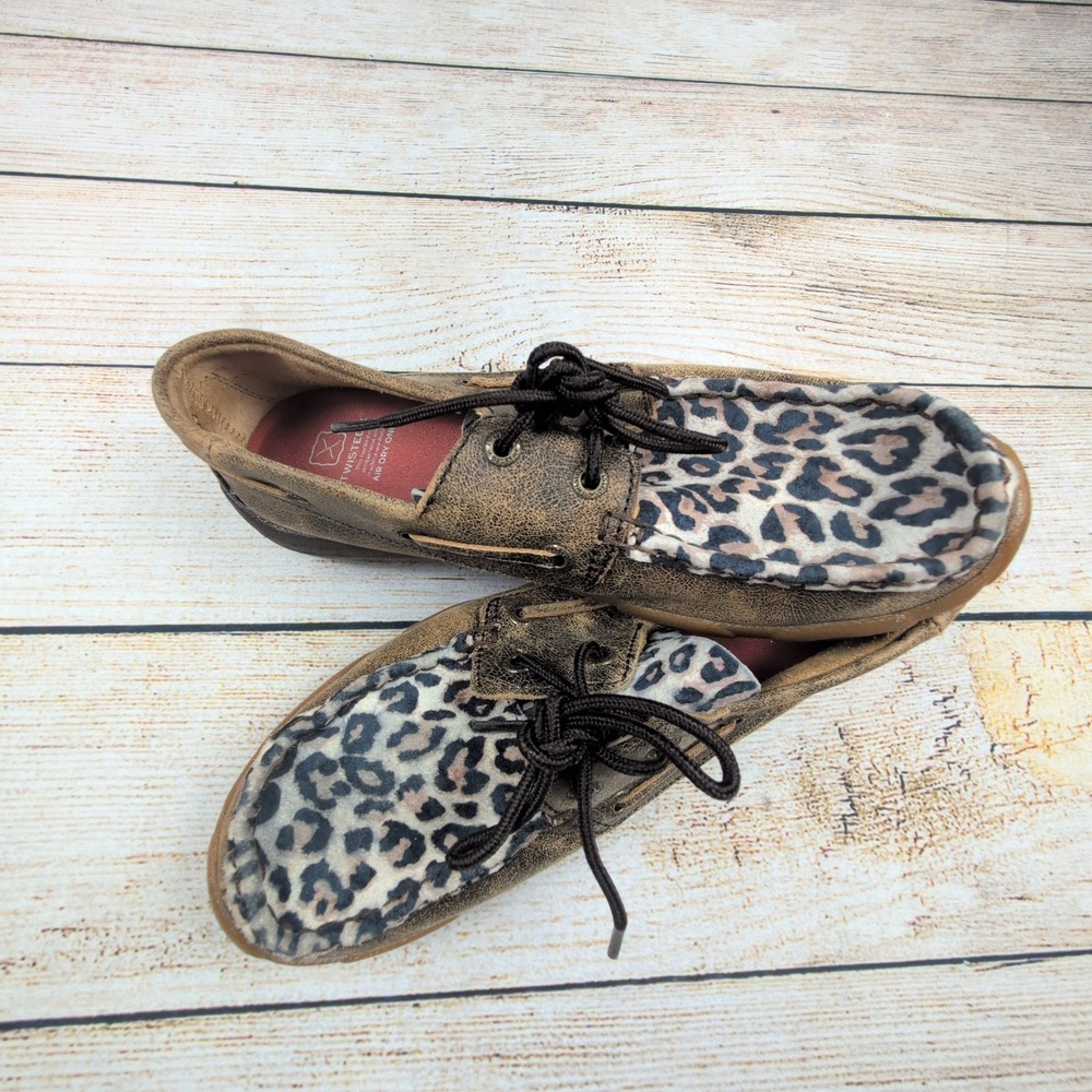 Twisted X Leopard Print‎ Brown Leather Moccasins Loafers Shoes Women Size 6.5